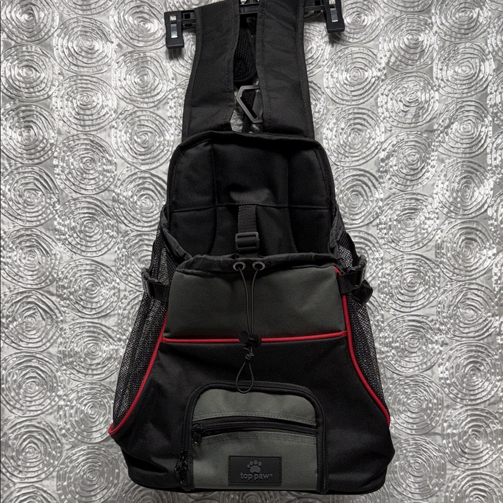 Top Paw Dog Carrier Backpack in Black and Gray with Red Trim